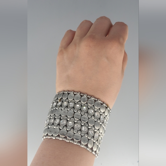 Silvertone Stretchy Bangle Style Rhinestone Bracelet - Picture 3 of 7